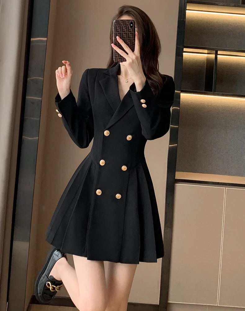 Elegant Women Blazer Dress Korean Fashion Trench Double Breasted Lengthened Lapel Female Clothing Office Ladies Formal Jacket