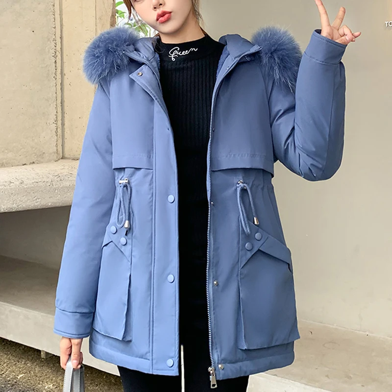 New Fashion 2022 Winter Jacket For Women Students Solid Hooded Large Fur Parkas Drawstring Slim Warm Coat Female Wear Outwear