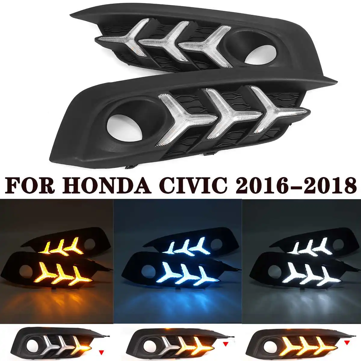 

2pcs LED DRL Daytime Running Light Signal Fog Lamp Fog Lights Hole for Honda Civic 2016 2017 2018