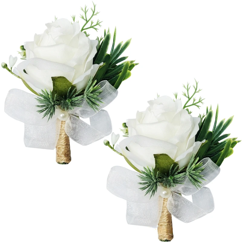 

White Artifical Rose Flowers Wrist Corsage Boutonnieres Bridesmaid Marriage Groomsman Wedding Accessories