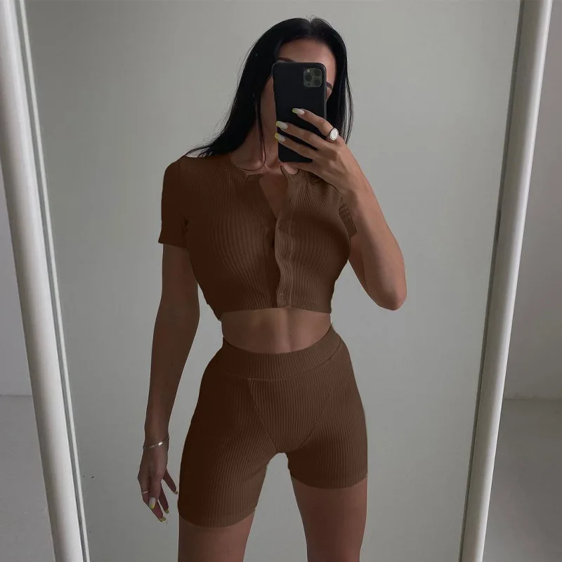 

Summer New Women's Solid Color Short Sleeve Cardigan Cropped Top and Shorts Sports Casual Two Piece