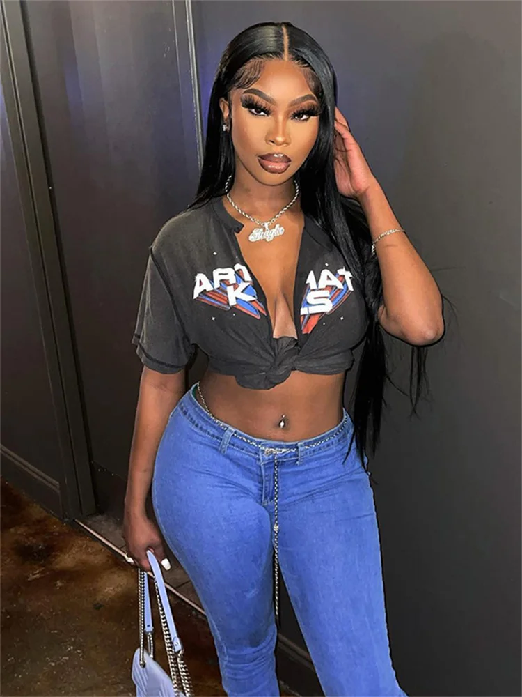 

Футболка Balogun женская с принтом, бандажный топ с коротким рукавом и V-образным вырезом, серый топ с графическим принтом, уличная одежда, лето ...