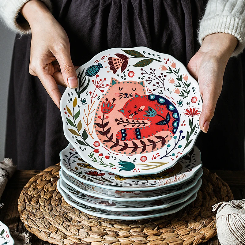 

8 inch Colorful Cat Dinner Plate Under-glazed Ceramic Dinner Dishes Dessert Tray Flower Kitten Dinnerware Microwave Safe