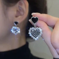 shiny rhinestone crystal black love heart earrings for women senior sense silver color earrings women jewelry luxury gifts