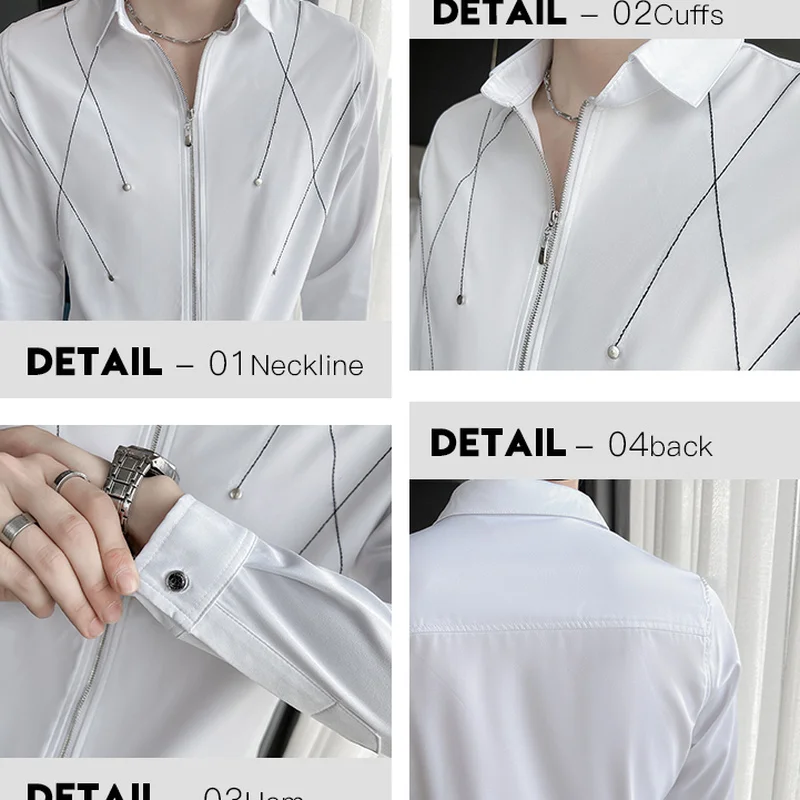 Fashion Zipper Embroidery Men's Shirts 2022 Autumn Long Sleeve Slim Casual Business Dress Shirt Social Tuxedo Camisa Masculina