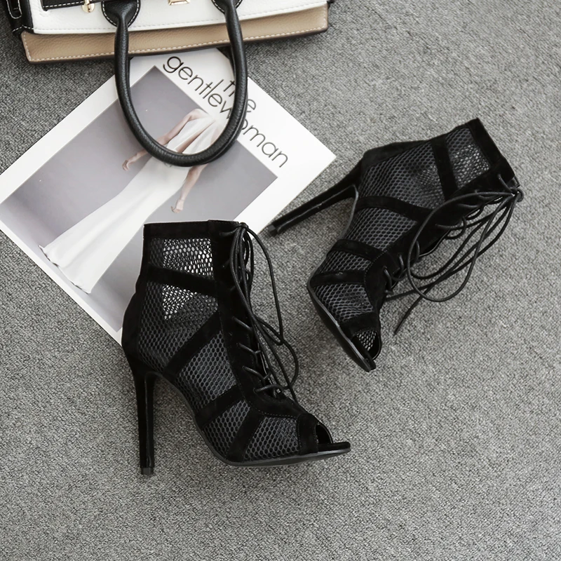 

Women's High Top Dance Shoes Black Ballroom Boots Salsa Tango Shoes Girl Fashion Party Mesh Cutout High Heel Sandals Summer 2022