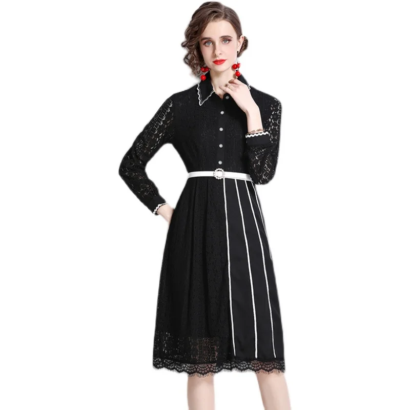 Simgent Fashion Lace Dress Women Long Sleeve Turn Down Collar Single Breasted Elegant Knee Length Dresses With Belt SG28192
