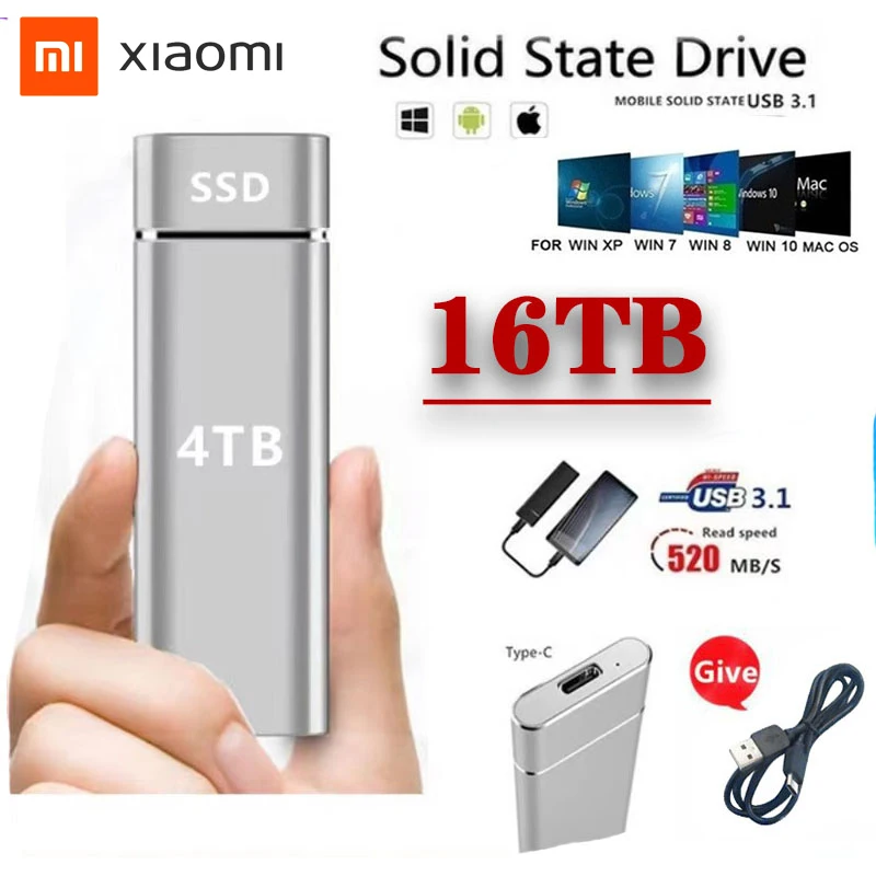 

2022 Xiaomi Портативный USB 3,1 SSD жесткий диск SSD ТБ/2 ТБ/4 ТБ/16 ТБ внешний жесткий диск Type C SSD жесткий диск Usb флэш-Накопитель SSD