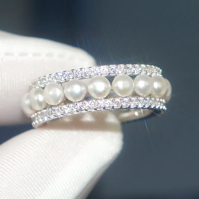 

S925 Sterling Silver Ring Female Diamond Small Waist Pearl Ring Temperament Index Finger Ring Jewelry