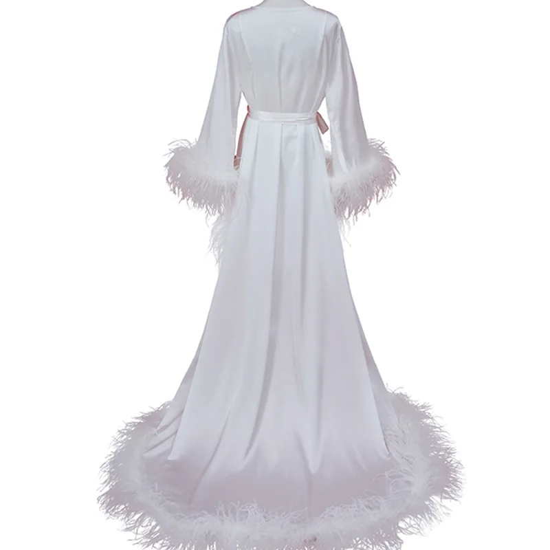 Morning gown bride fetish wedding luxury white ostrich feathers trailing long dress two-piece night dress пижама женская