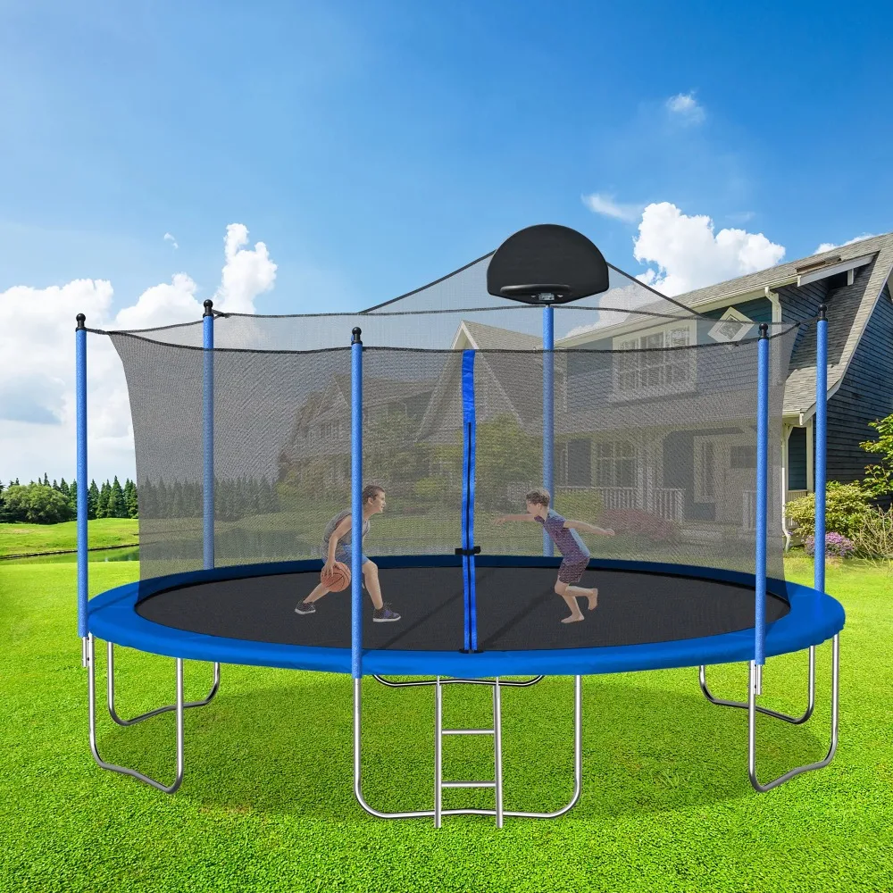 

14FT Trampoline With Enclosure Net Trampoline for Kids Elastic Bed Blue Trampolines Trampolin Fitnes Portable Fitness Equipment