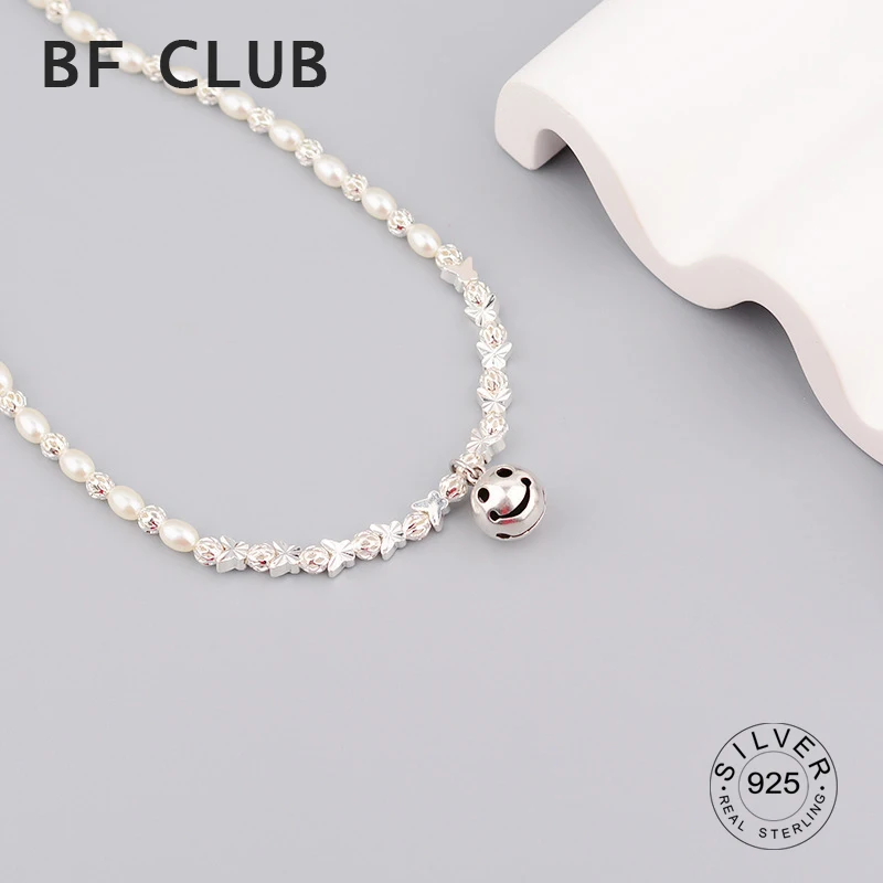 925 Silver Colour Sparkling Pearl Chain Choker Smile Face Necklace For Women Wide Fine Jewelry Wedding Party Birthday Gift