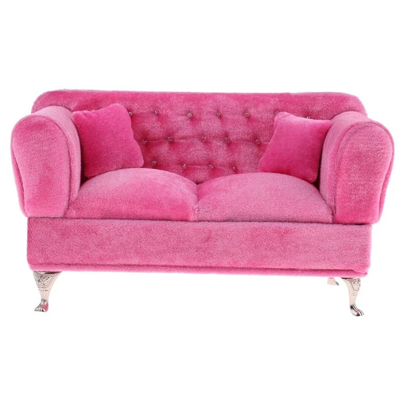 

1/6 Miniature Dollhouse Sofa With Pillows Pink Mini Suede Sofa For Dollhouse Decorate Furniture Accessories