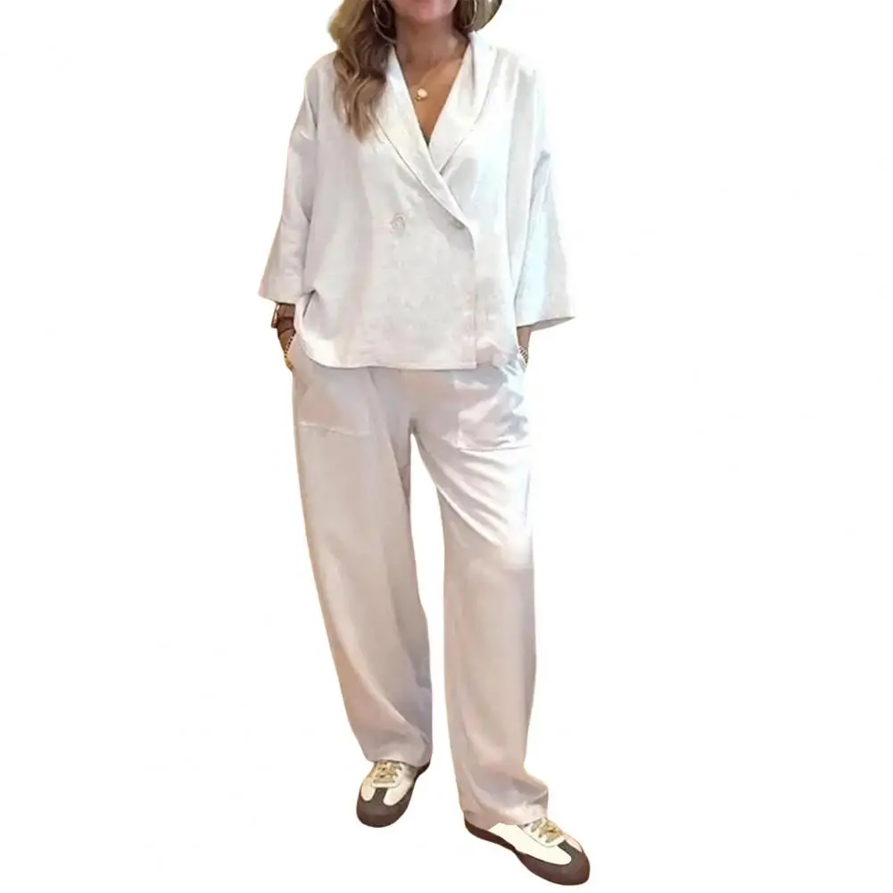 Женский костюм из двух предметов стильный двубортный пиджак и брюки с широкими