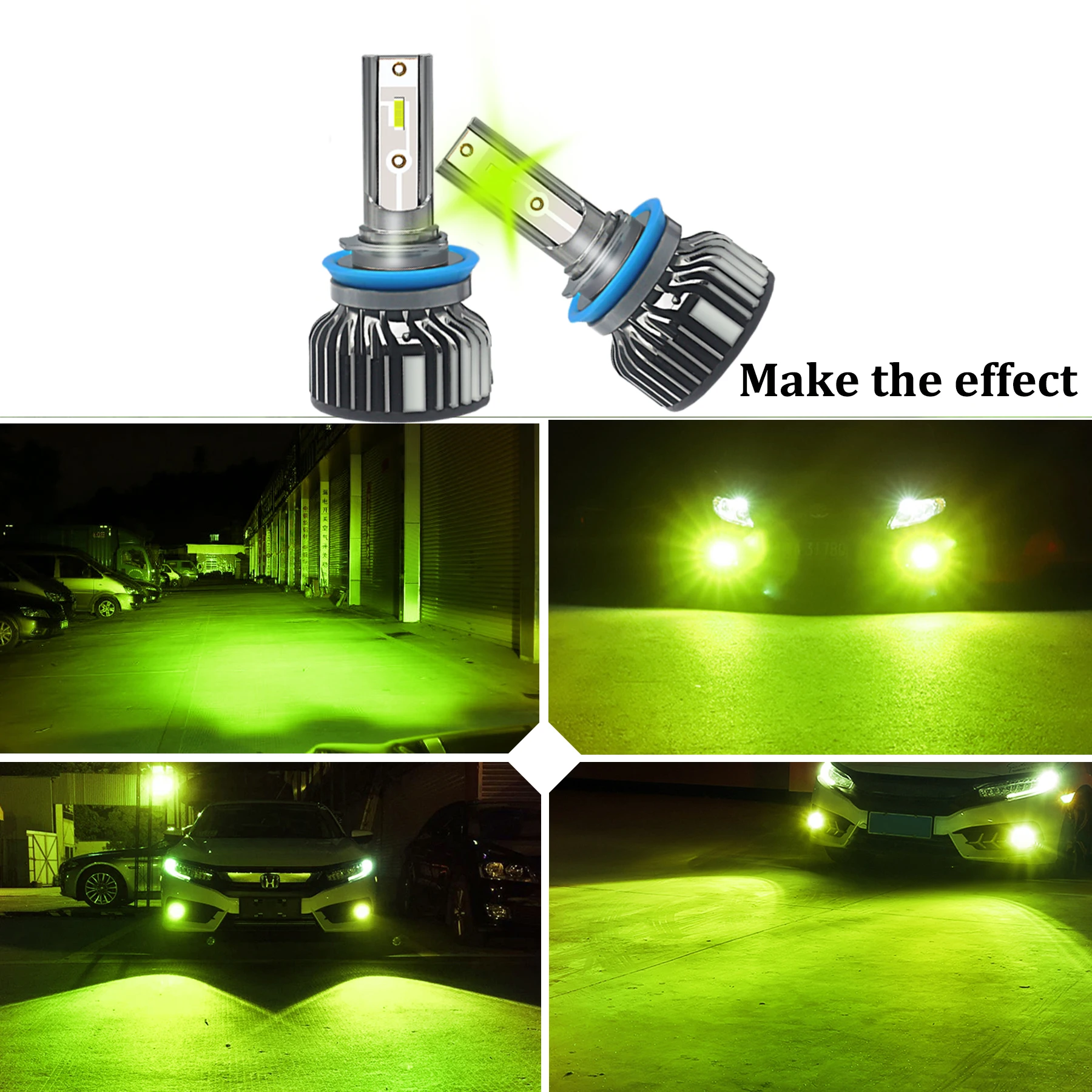 

60 Вт Лимонно-зеленый H7 Светодиодные Лампы Для Автомобильных Фар HB3 HB4 Turbo Противотуманные Фары H8 H11 9005 9006 Универс...