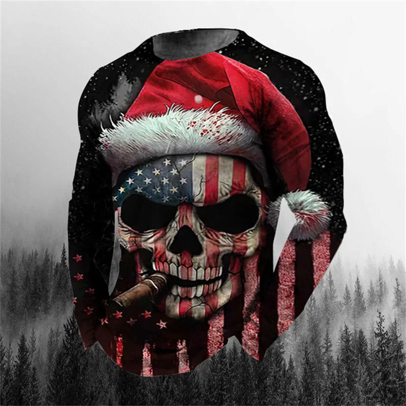 

Christmas Skull Print Vintage Clothes Tee Oversized T Shirt Autumn O Neck Casual Harajuku Graphic Top Men's Long Sleeve T-Shirt