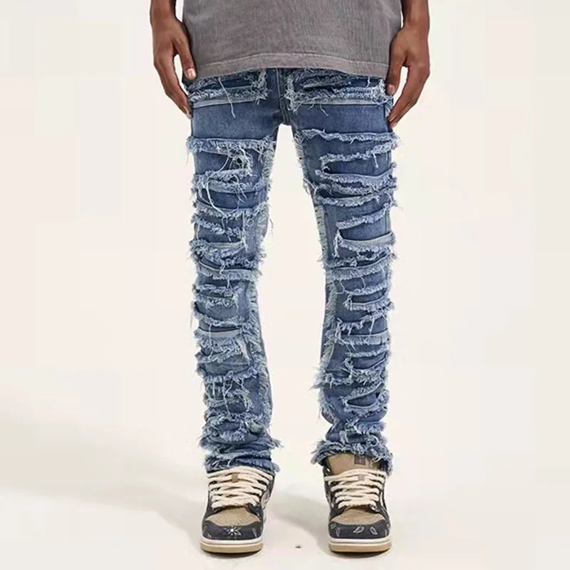Hip Hop Loose Denim Trousers Vibe Style Casual Jean Pants Retro Hole Ripped Distressed Jeans for Men Straight Washed Harajuku