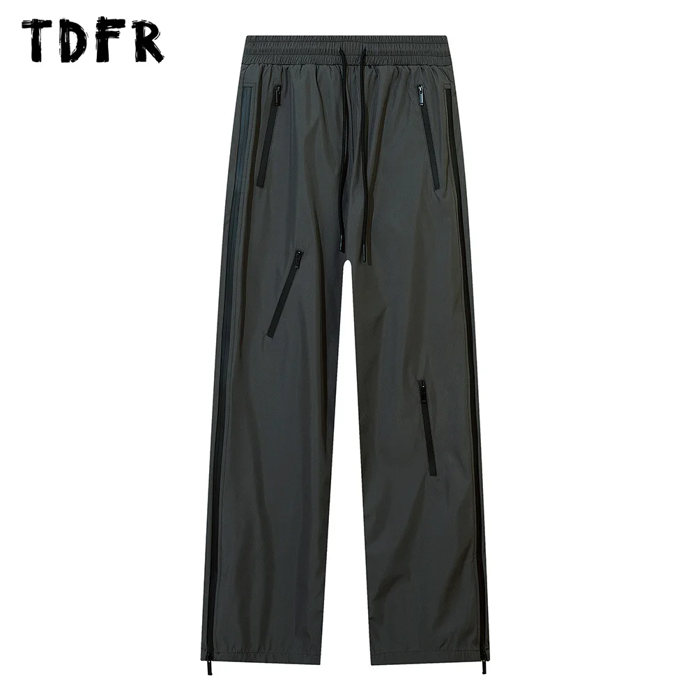 

Zipper Decoration Cargo Pants Mens Solid Color Casual Safari Style Elastic Waist Straight Loose Side Split Trousers Men