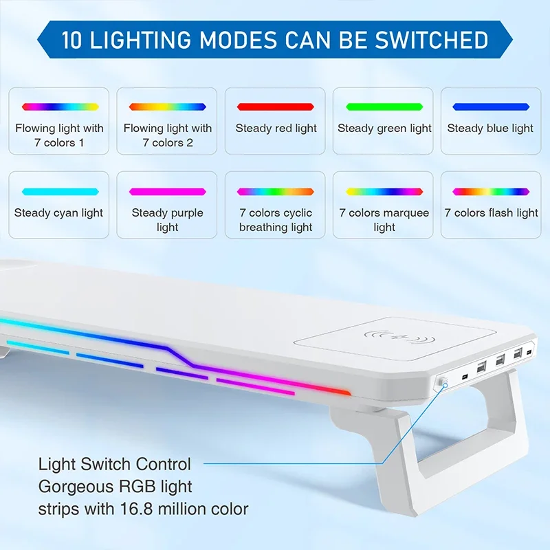 Фото Перезаряжаемая подставка для настольного монитора с эффектом RGB, 3 порта USB 2.0, универсальная стойка для хранения ноутбука с беспроводной зарядкой №2