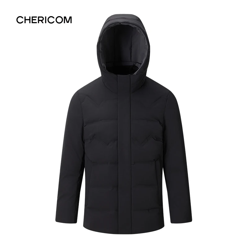 Chericom short white duck down hooded business jacket men's winter zipper design closed sleeve thickened solid color coat