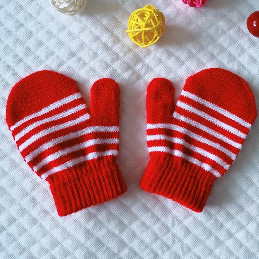 

Children Knitted Pinstripe Gloves Winter Warm Thick Kids Gloves Full Finger Mittens For Boys Girls Soft Outdoor Play Mittens