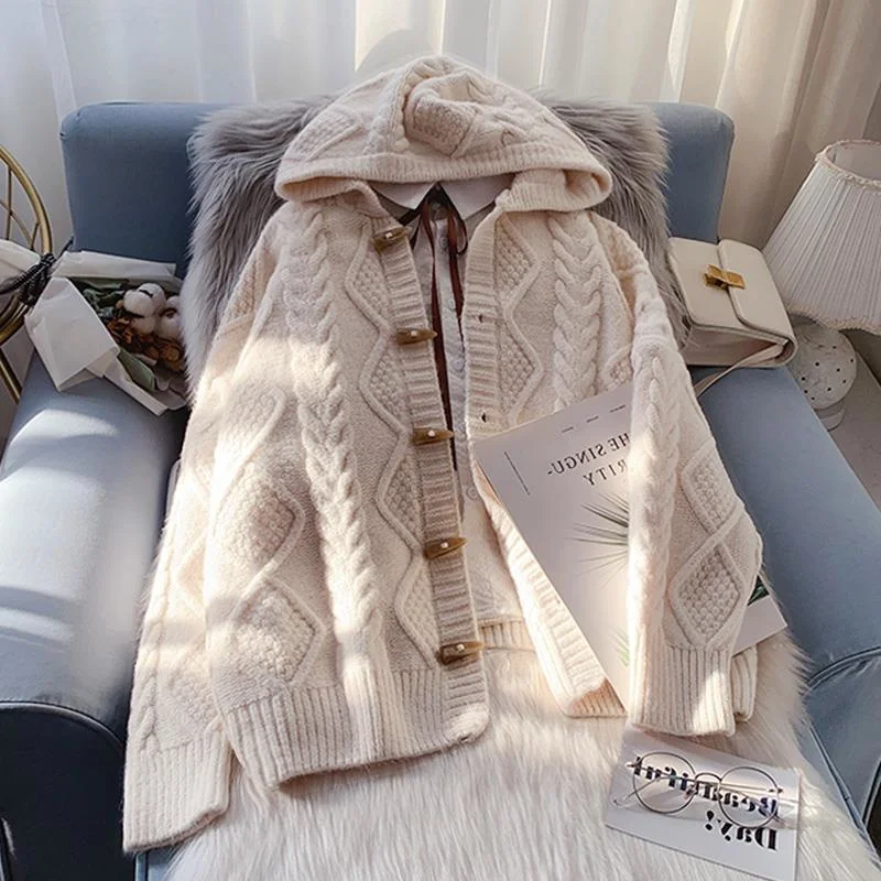 

Hooded twist sweater coat autumn and winter new women's loose outer wear lazy knitted cardigan 2023
