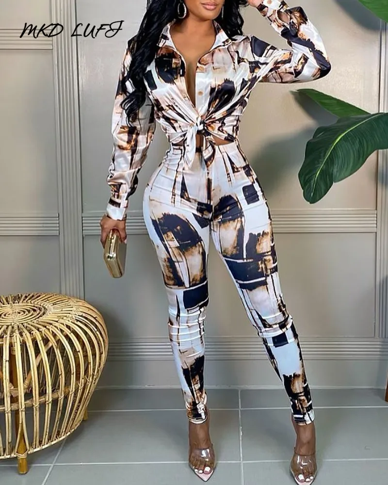 

MKDLUFI Long Sleeve Abstract Print Crop Top & Skinny Pants Set