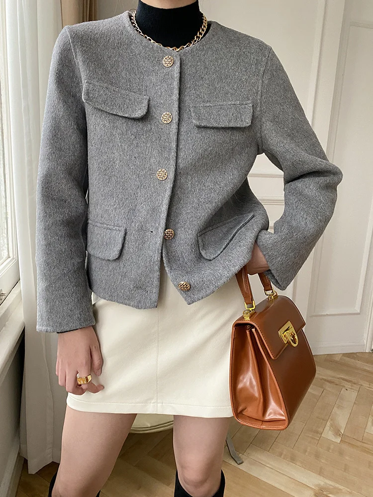 

Loose Fit Gray Coffee Elegant Short Woolen Coat Parkas New Long Sleeve Women Fashion Tide Autumn Winter 2022 C952