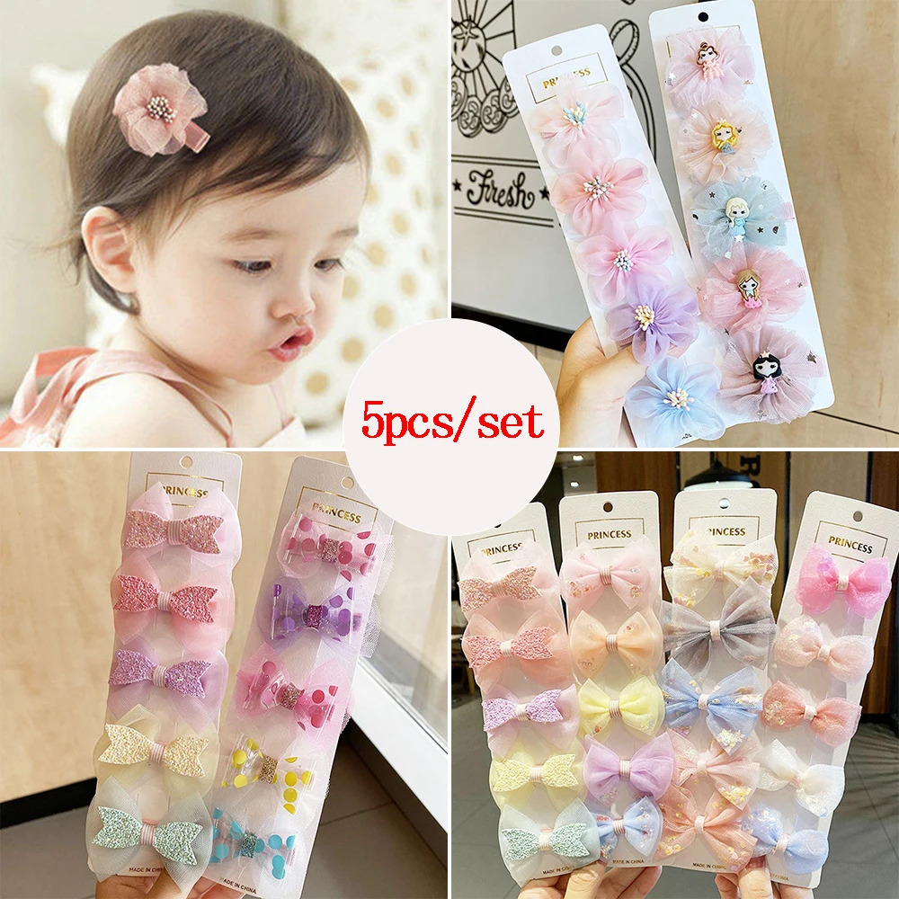 

5PCS Girls Sweet Barrettes Colorful Hair Ornament Clips Lace Bow Hairpins Hair Clip