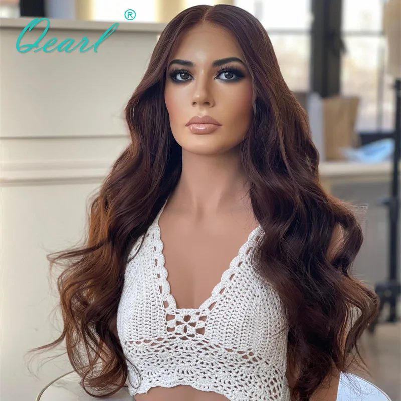 Full Lace Wig Real Human Hair Wigs Chocolate Brown with Small Honey Blonde Highlights 360 Lace Frontal Wig Loose Wavy 180% Qearl
