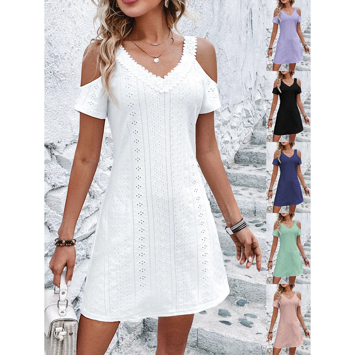 

Elegant Party Dress Women Clothing Lace Summer Outdoor Daily Vacation Fashion Solid Off Shoulder V Neck Short Sleeve Mini Dress