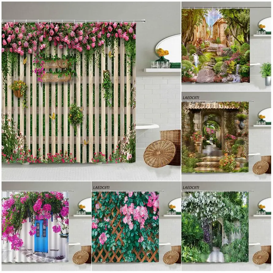 

Butterfly Flowers Shower Curtains Pink Rose Green Plants Wooden Fence Wall Natural Floral Garden Polyester Bathroom Decor Sets
