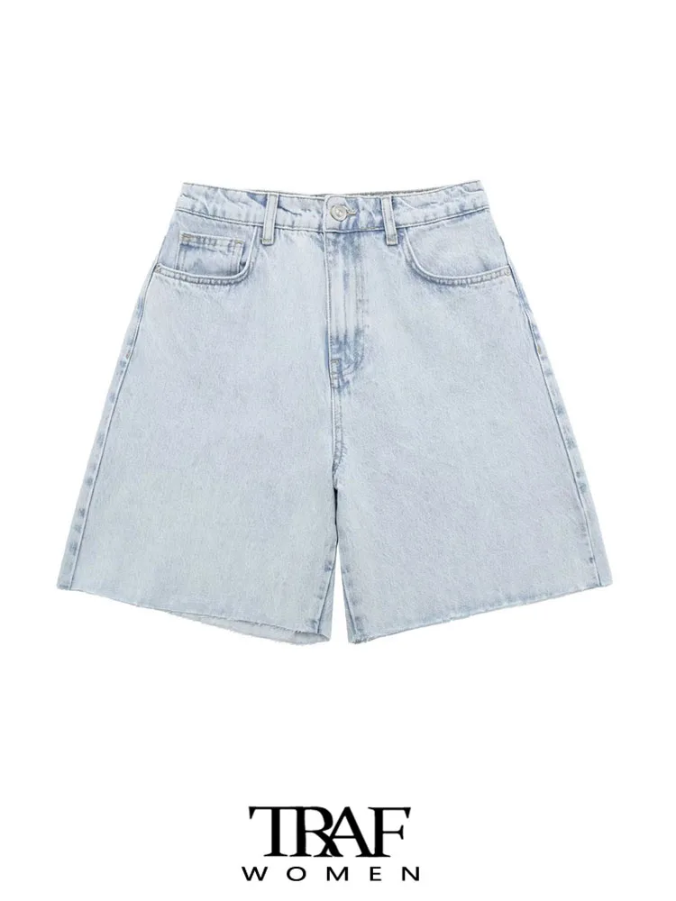 

Женские прямые джинсовые шорты-бермуды с карманами и высокой талией