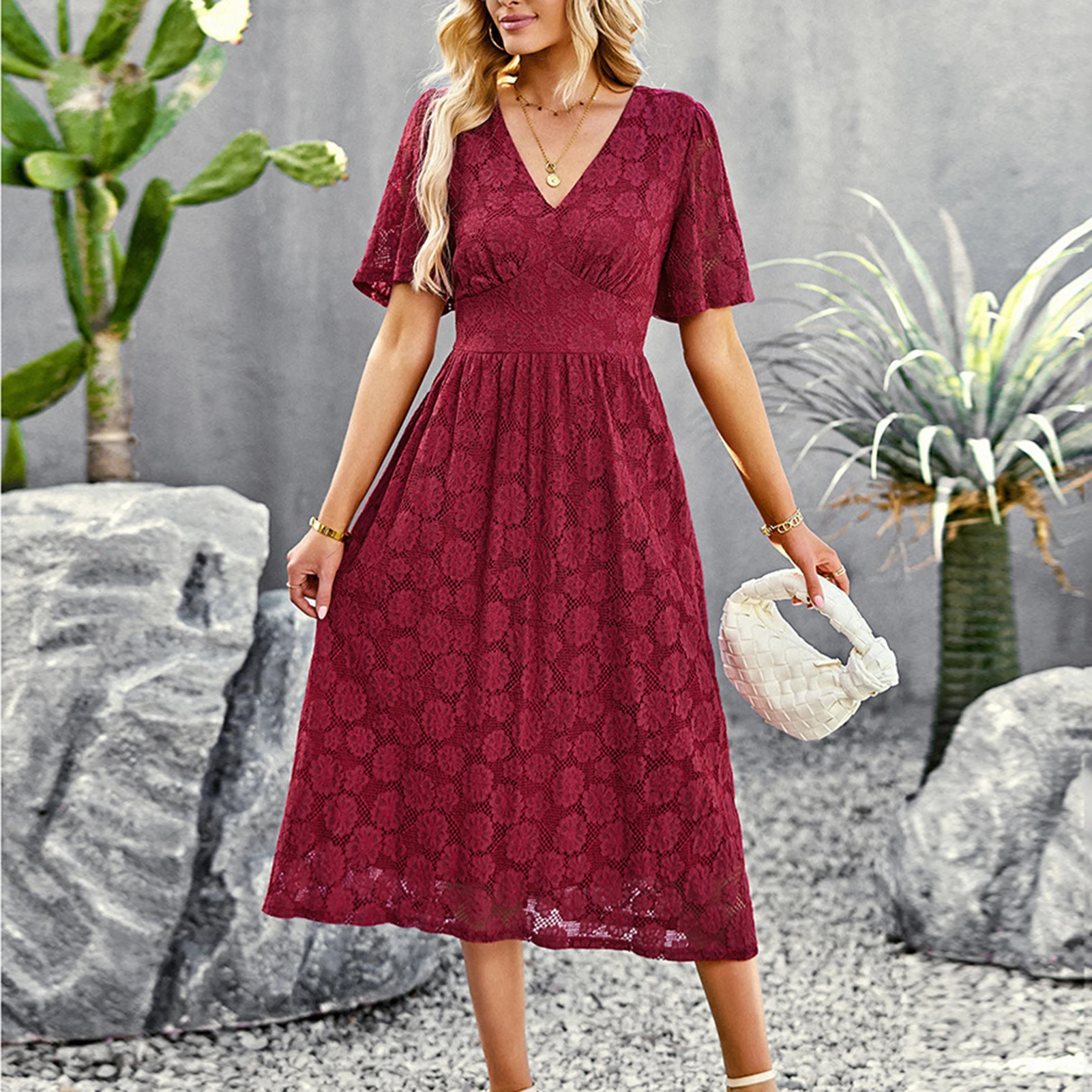 

Summer Boho Long Dress Short Sleeve Lace V Neck Sexy Bodycon Dresses Lady Vintage Elegant Beach Sundress Vestido De Mujer