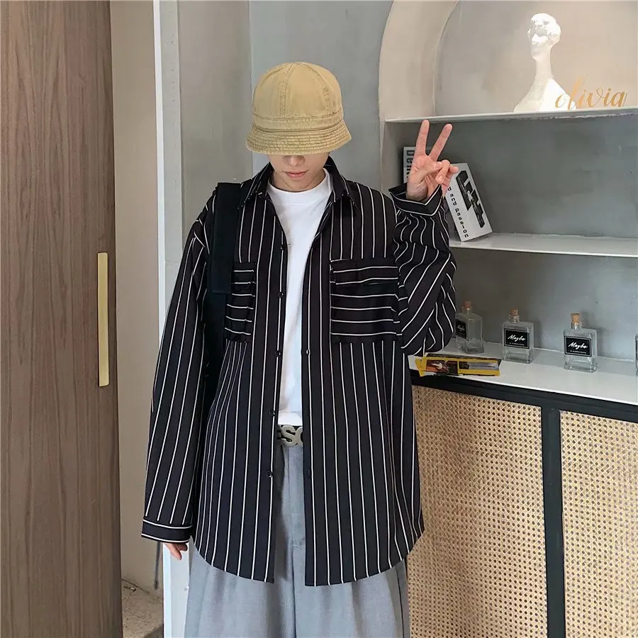 2022 Spring New Hong Kong Style Retro Striped Shirt Slim Long-sleeved Shirt Loose Ruffian Handsome Wild Shirt Jacket Streetwear