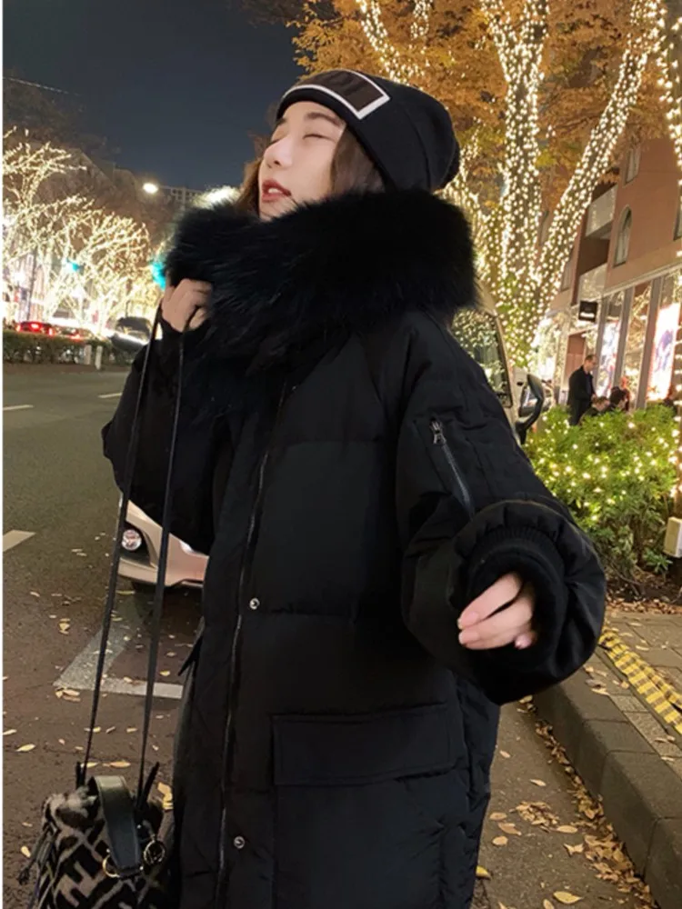 Women's Winter Fur Collar Long Coat Fashion Thick Warm Cotton Coat With Pockets Parka Female Vintage Padded Jacket Oversized
