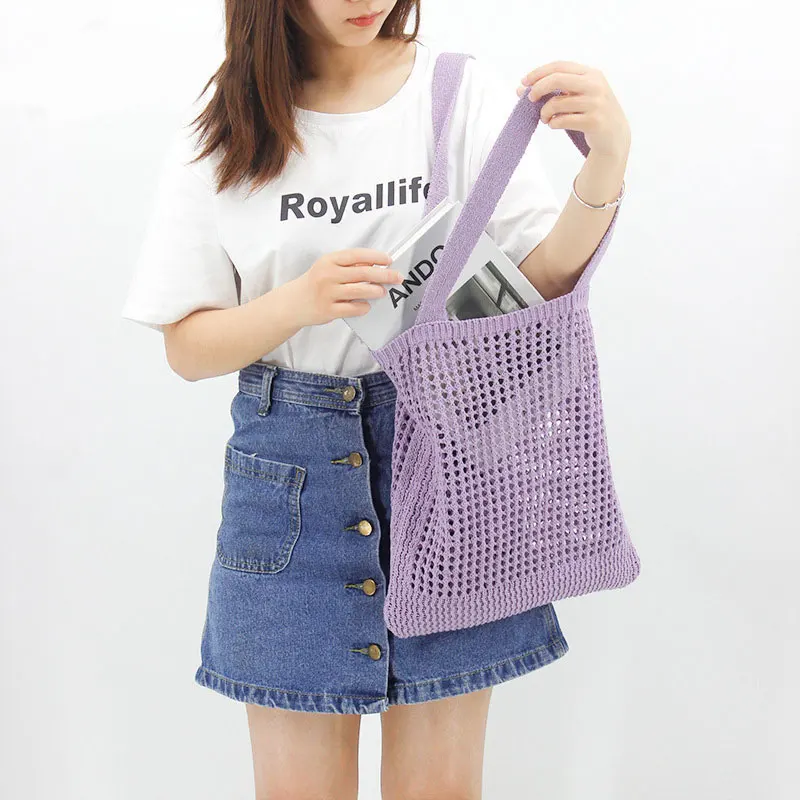 Fashion Knitted Shoulder Bags for Women Hollow Out Woven Bag Large Capacity Student Tote Bag Casual Shopping Messenger Handbag