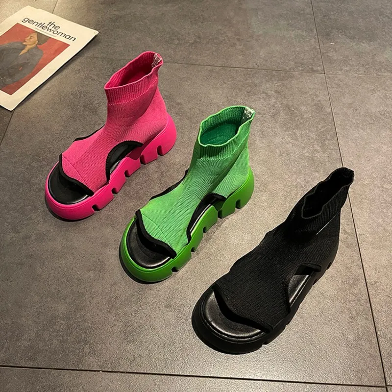 

Wedge Roman Sandals Women'S 2022 Summer New Thick Bottom Net Red All-Match Small Retro Color Matching Woven Roman Shoes