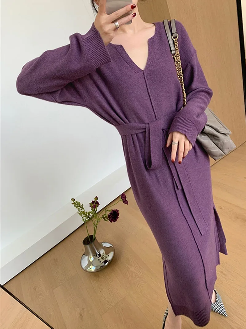 

Purple Knitted Dress Spring Autumn Women Loose Straight Dresses Long Sleeve Casual Split Midi Dress V Neck Sashes Sweater N805