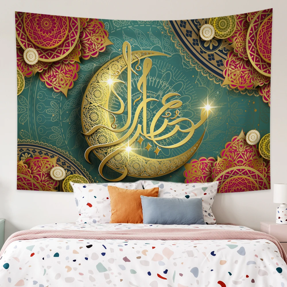 

Eid Muslim Tapestry Golden Moon Ramadan Balram Party Wall Hanging Islamic Ornament For Dorm Bedroom Living Room Home Decoration