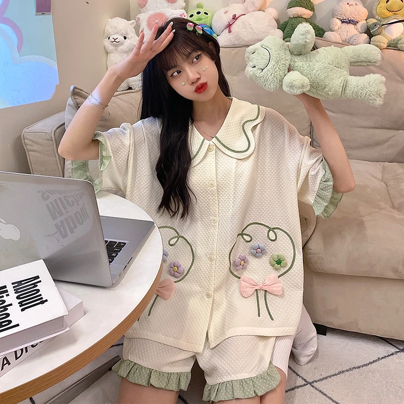 Summer Pajama Sets For Women Adult Cartoon Sweet Flower Sleepwear Cotton Pyjama Girl Homewear Short Pijama Suit Clothes
