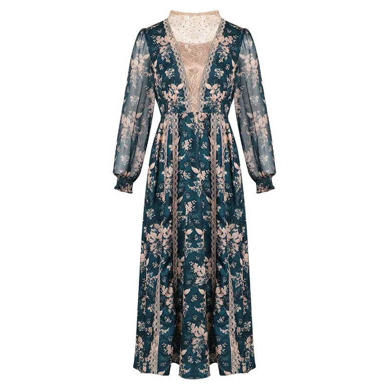 

Temperament dress 2020 spring new palace bubble sleeve lace splicing medium long sleeve O-Neck collar Dress