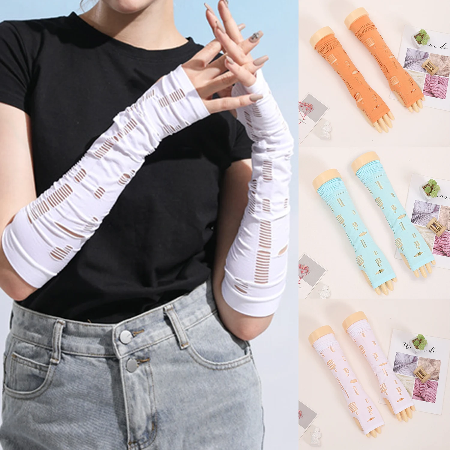 

Ice Silk Sunscreen Arm Sleeves For Women Cycling Sports Elastic Ripped Long Gloves Quick-drying Sweat-absorbent Sleeve Cover Arm