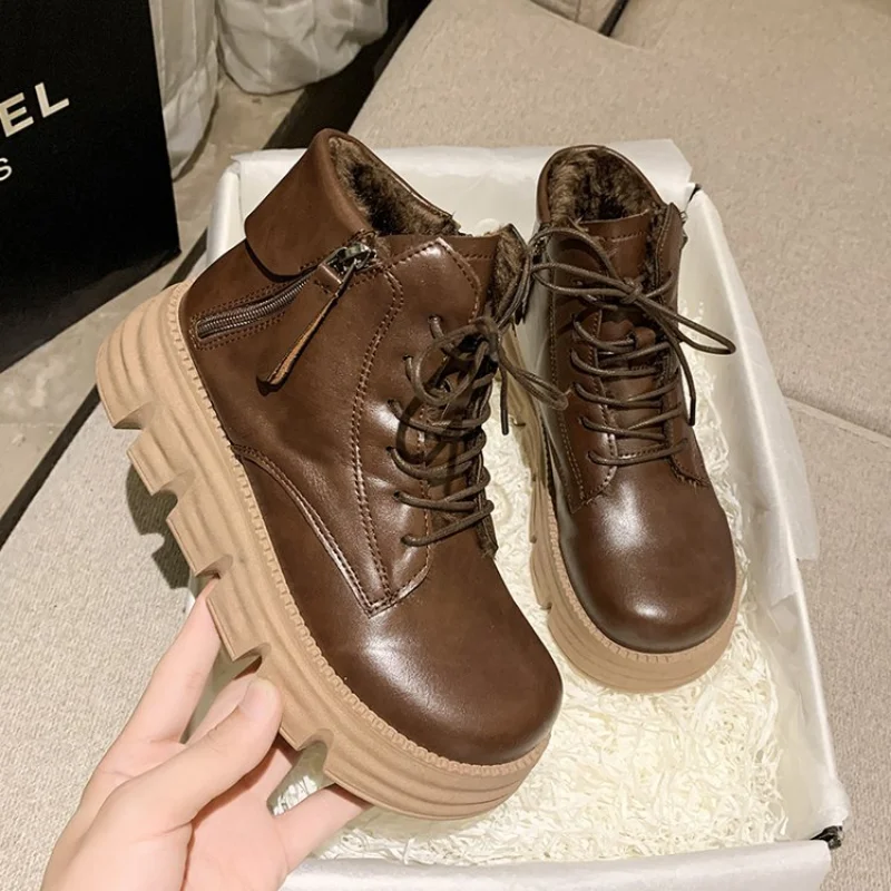 

Женские ботильоны на платформе, кожаные Нескользящие ботинки с круглым носком, на молнии, теплая зимняя обувь, 2022