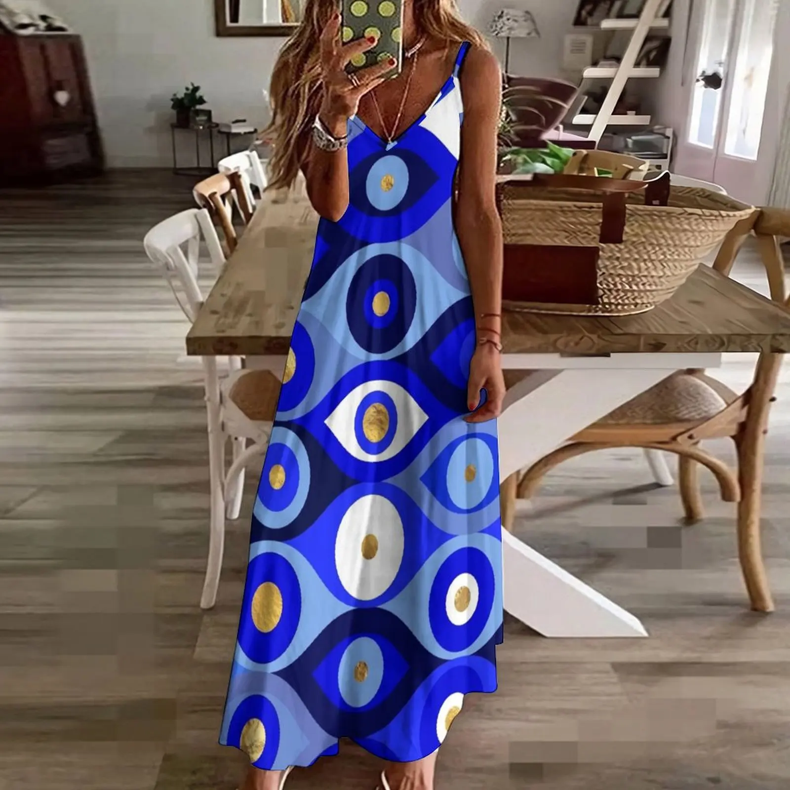 Greek Mati Mataki - Matiasma Evil Eye Blues Длинное платье без рукавов Пляжная одежда для женщин