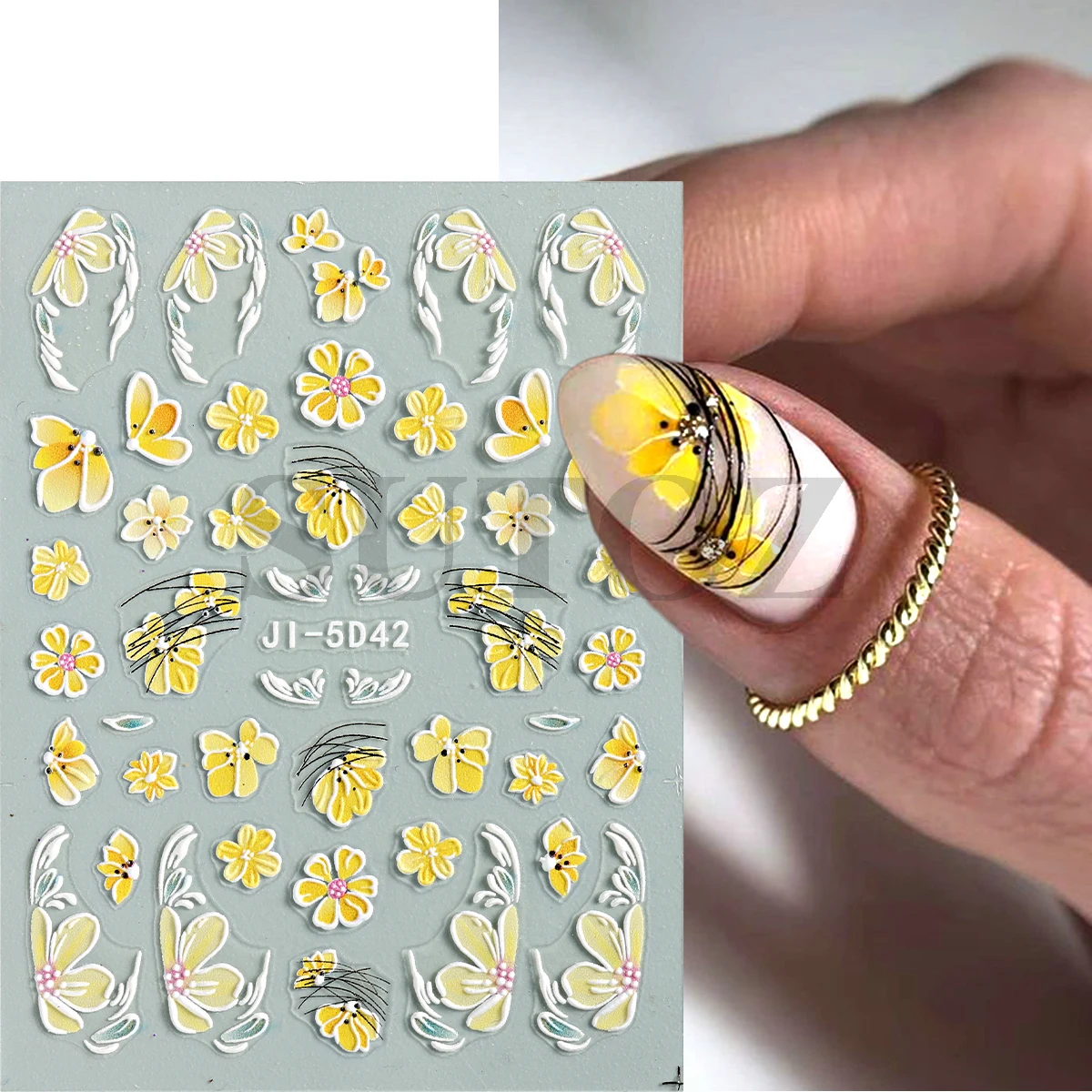 5D Акриловые цветы Наклейка для дизайна ногтей рельефная линия Лепесток желто-белое кружево Простая цветочная наклейка для ногтей Слайдер Маникюрный декор LEJI-5D