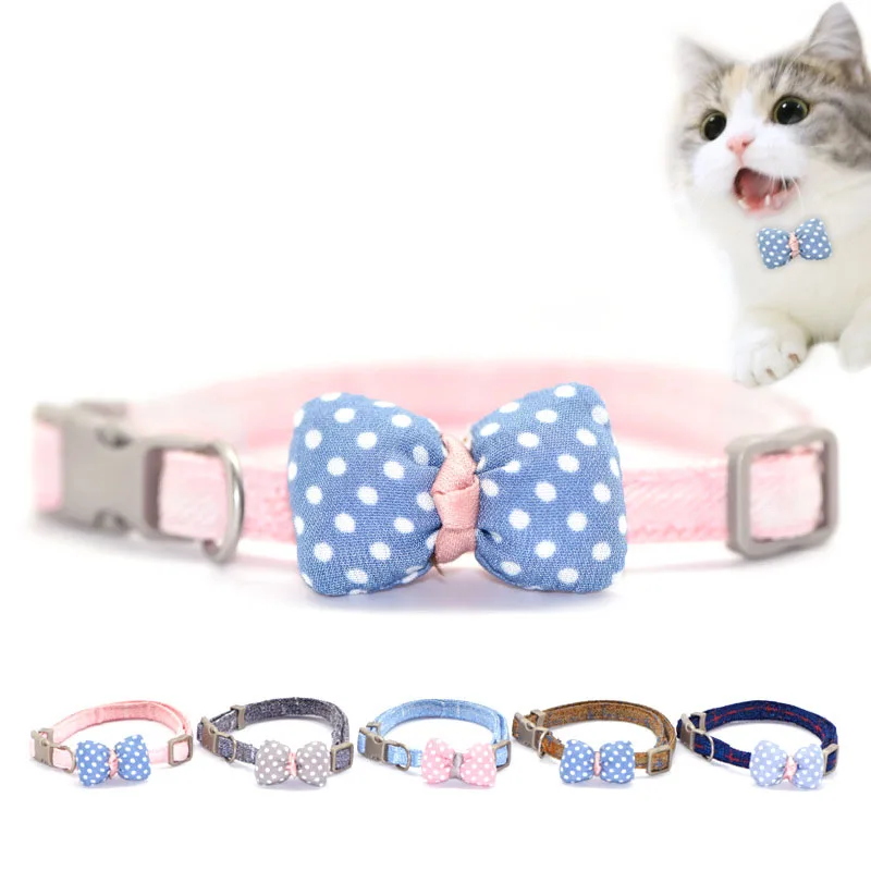 

Adjustable Kitten Collar With Bell Cute Polka Dot Bow Dog Necklace Cat Collars Breakaway Neck Strap Leads Cat Accessories