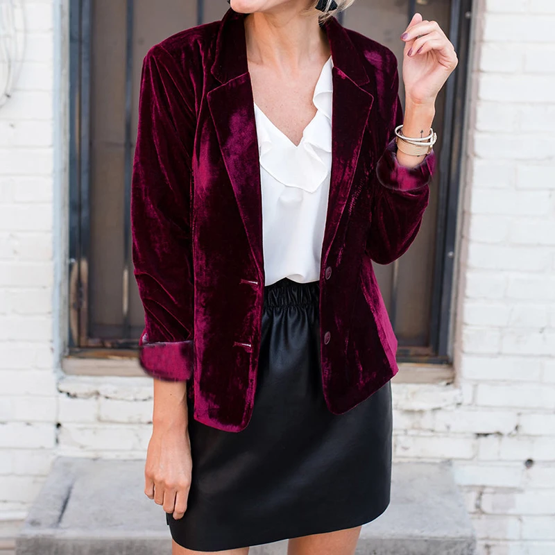 Осеннее элегантное золотое бархатное пальто с лацканами повседневная тонкая