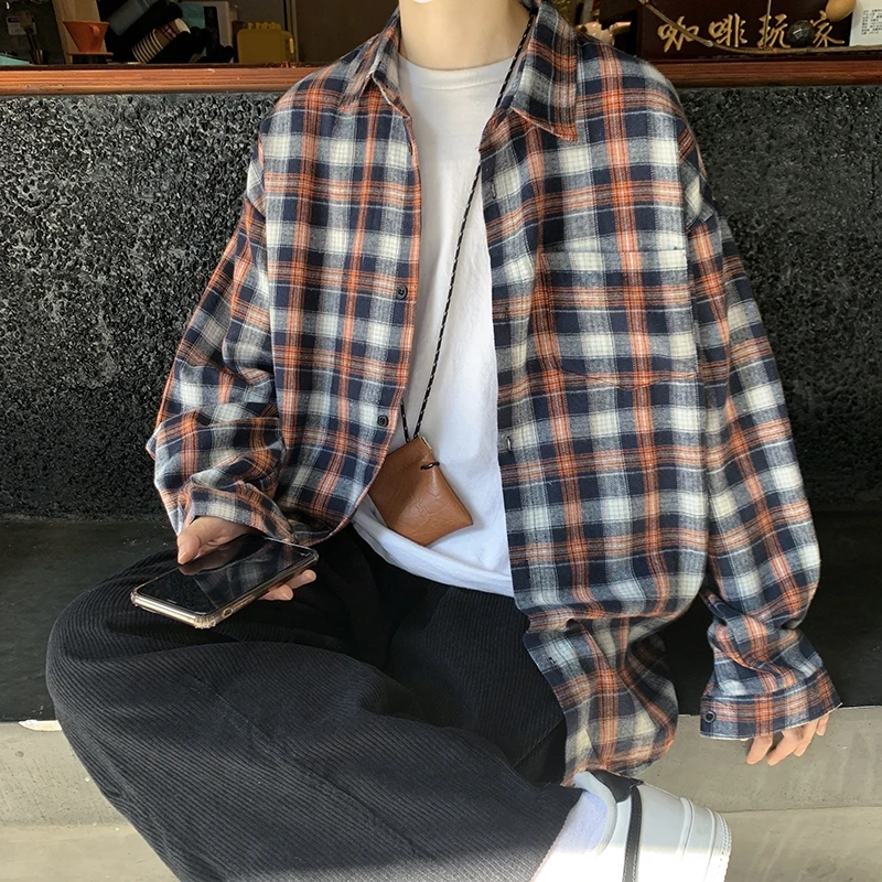 

Рубашка мужская с длинным рукавом, модная мешковатая Блузка в клетку, однобортная уличная одежда в стиле Харадзюку, с лацканами, в Корейском стиле