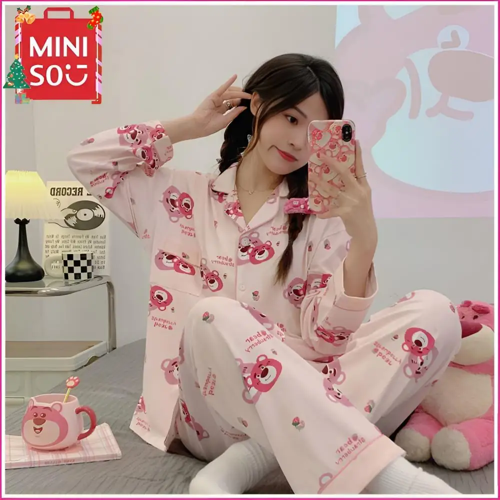 

Miniso Lotso пижамы милые Мультяшные зимние женские пижамные комплекты с длинным рукавом в стиле Ins удобные мягкие домашние комплекты из двух предметов